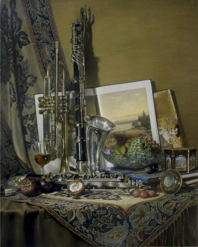 有榴莲的静物，油画，2014年。116x89厘米